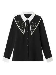 Elenzga Women's Patchwork Collar Pearl Decor Color Block Sleeve Long Sleeve Blouse - Black - View 4