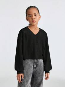 SHEIN Tween-Mädchen Herbst-Outfits: Drop-Shoulder Crop-T-Shirt mit V-Ausschnitt und Rippenmuster für Thanksgiving