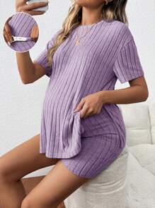 SHEIN Plus Size Women's Casual Loose Round Neck T-Shirt With Adjustable Elastic Waist Shorts, 2 Pieces Maternity Set