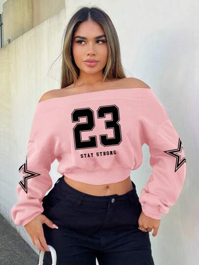 SHEIN SXY Casual 23-Size Star Pattern Off-Shoulder Pattern Cropped Sweatshirt Suitable For Spring Autumn And Winter