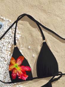 Swim Vcay Conjunto de bikini triangular con estampado de flores casual y sexy para mujer, con tirantes ajustables tipo espagueti y copas suaves sin aros