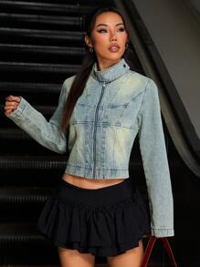 SHEIN ICON Chaqueta corta de mezclilla con cremallera y manga larga, estilo streetwear estadounidense para mujer - Azul - Ver 1