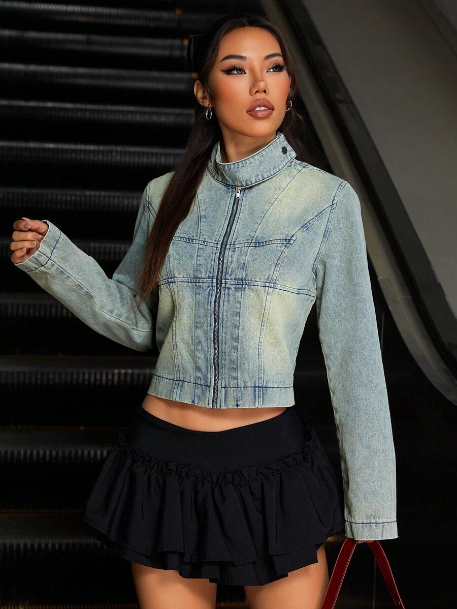 SHEIN ICON Chaqueta corta de mezclilla con cremallera y manga larga, estilo streetwear estadounidense para mujer - Azul - Ver 1