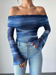 SHEIN Privé 女士新款扎染花卉露肩长袖紧身衣，休闲日常穿着图案 T 恤紧身衣，适合春秋季节，通勤/优雅/性感/度假/海滩/浪漫/约会/情人节/音乐节/表演/返校 - 彩色 - 查看 3