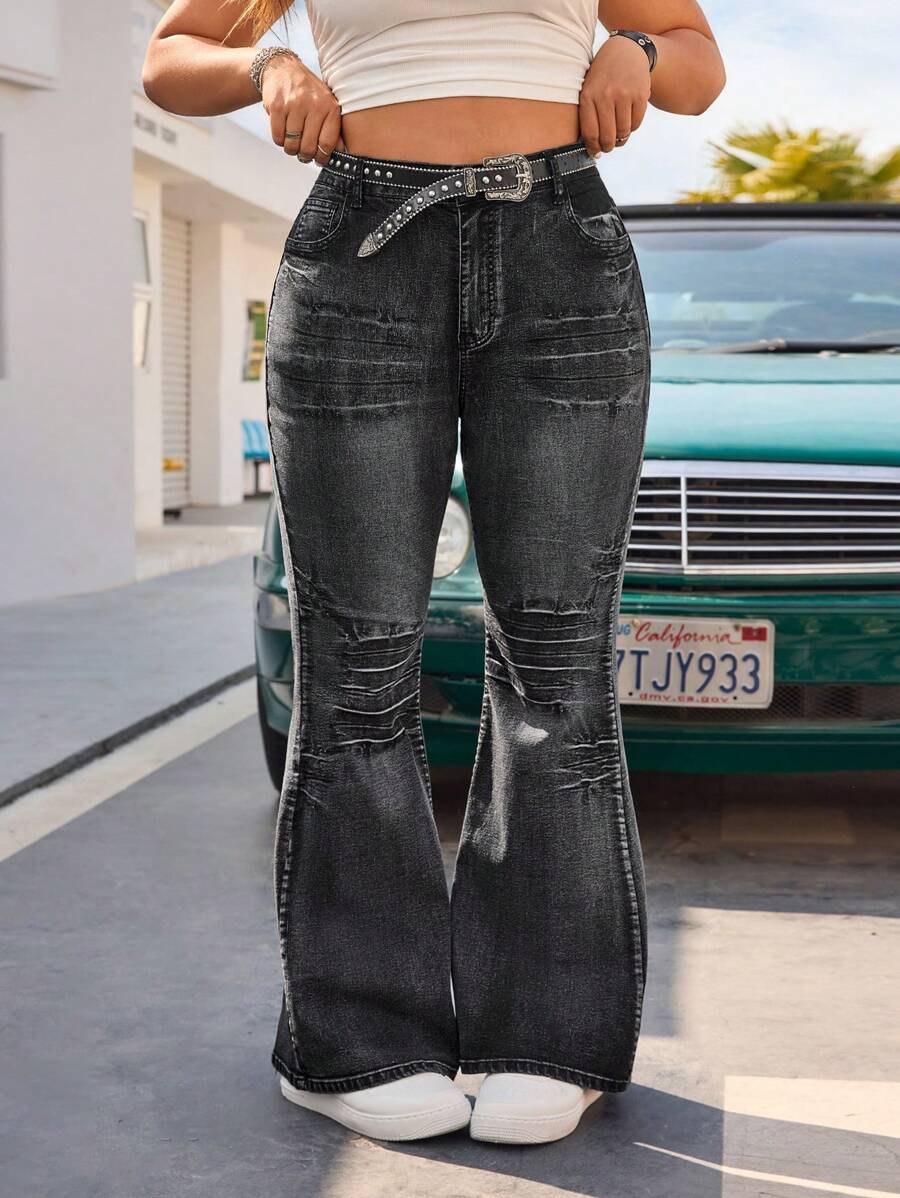 SHEIN EZwear Plus Size Washed Skinny Flare Jeans - Black - View 1