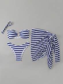 Swim Vcay Conjunto de 3 piezas de ropa de playa de verano para mujer: Top de traje de baño con bandeau a rayas y tirantes desmontables, tanga con decoración metálica y vestido de red anudado para la playa y vacaciones