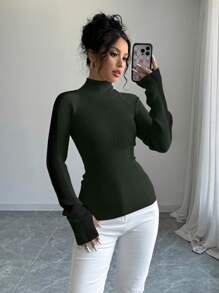 Chiquease 女式撞色立领插肩袖修身简约毛衣针织套头衫秋冬 - 軍綠色 - 查看 4