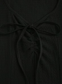 Sweetra 优雅纯色合身喇叭袖蝴蝶结腰喇叭下摆长裙 - 黑色 - 查看 3