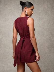 SHEIN BAE 女士休闲格子羊毛混纺圆领无袖前扣简约短裙，适合办公室、正式场合和日常穿着