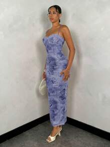 SHEIN BAE Sexy Vintage Floral Print Lace Bodycon Long Maxi Slip Dress, Summer - Dusty Blue - View 4