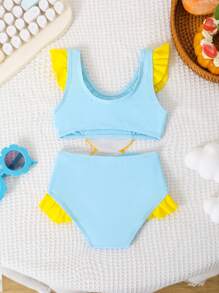 Baby Girls' Sleeveless High Waist Ruffle Trim One-Piece Swimsuit With Duck Print