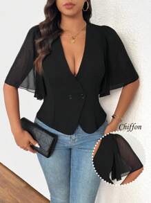 SHEIN Unity Fashionable Spring/Summer French V-Neck Chiffon Patchwork Blazer Graduation,Back To School,Teacher Outfits For Women - Black - View 3