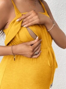 SHEIN Maternity Drawstring Casual Loose Layered Spaghetti Strap Solid Color Nursing Dress - Yellow - View 4