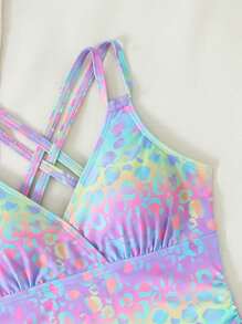 Tween Girl Leopard Print Cross Back One Piece Swimsuit - Multicolor - View 6