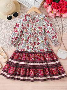 SHEIN Young Girl White Autumn Floral Print Dress,Lantern Sleeves V-Neck Loose Style,Matching Family Vacation Outfit,Sisters Sibling Wear For Festivals - Multicolor - View 3
