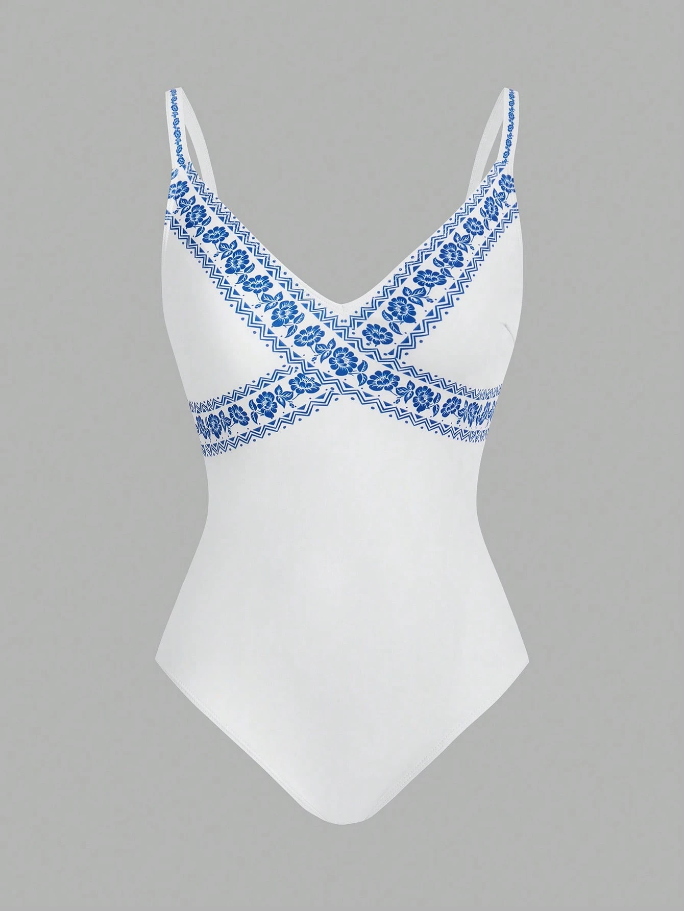 SHEIN Swim Oasis 2 Peças/Conjunto Maiô com Estampa Floral de Decote em V e Calça Pantalona Cobre Tudo para Praia e Férias - Azul e Branco - Visão 3