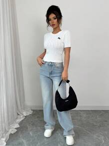 Chiquease Women Elegant Embroidered Pattern Crew Neck Fitted Short Sleeve Knit Top