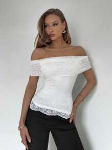 Roylia 蕾丝露肩蕾丝衬衫，蕾丝下摆，优雅休闲 - 白色 - 查看 1