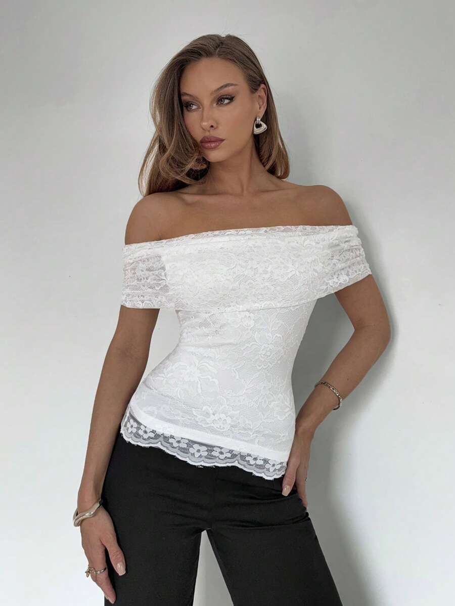 Roylia 蕾丝露肩蕾丝衬衫，蕾丝下摆，优雅休闲 - 白色 - 查看 1