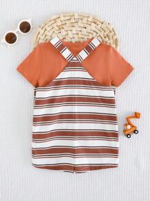 Cozy Pixies Ensemble de 2 pièces pour bébé garçon - Top tricoté unicolore à col rond et manches courtes, et short à bretelles rayé coloré - Multicolore - Voir 2