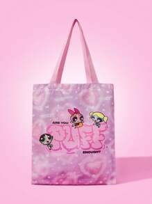 THE POWERPUFF GIRLS X SHEIN Women Cute Blossom, Bubbles, Buttercup Pattern Convenient Pink Tote Bag - Multicolor - View 1