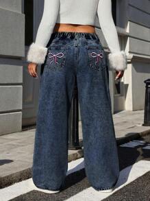 SHEIN ICON 大码前扣口袋蝴蝶刺绣简约休闲牛仔裤 - 霧霾藍 - 查看 2