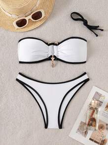 SHEIN 2 Pieces Women Summer Beach Vacation Solid Color Black & White Metal Accessory Halter Top And Bikini Bottoms Set - Black and White - View 2