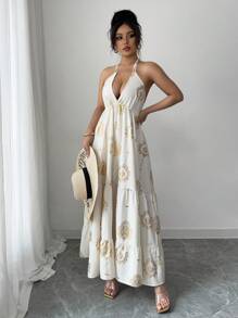 Chiquease Vestido largo de tirantes finos con escote espalda descubierta, elegante, con estampado dorado y cuello halter para vacaciones