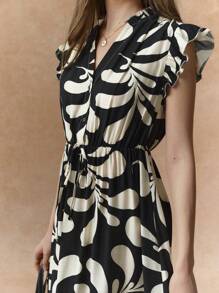 Écloséra 大码女式全印花盖袖连衣裙，优雅的法式风格 - 黑色 - 查看 5