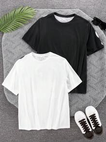 SHEIN 2 pezzi Magliette casual nere e bianche per ragazzi, stile da strada/punk/rock, adatte per primavera ed estate, feste, festival musicali, con stampa inglese a graffiti