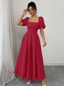 Chiquease 女士粉色方领收腰褶皱荷叶边下摆泡泡袖露背连衣裙 - 紅色 - 查看 4