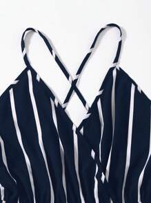 SHEIN VCAY Crisscross Backless Striped Cami Romper - Navy Blue - View 5