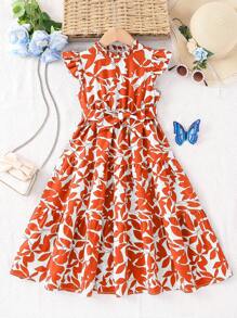 SHEIN Vestido sin mangas para niña con cuello alto, dobladillo con volantes y estampado floral disperso de gasa