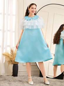 2pcs/Set Teen Girl Tiered Mesh Shawl Collar Beaded Sleeveless Satin Dress