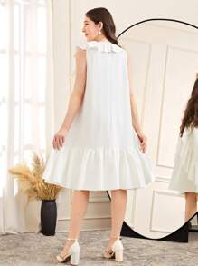 SHEIN Loose Casual Elegant Round Neck Ruffle Hem Mid-Length Dress For Teen Girls - White - View 2