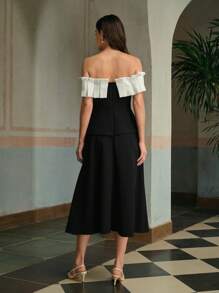 ZEYLAH 女式拼色露肩简约时尚连衣裙 - 黑與白 - 查看 5