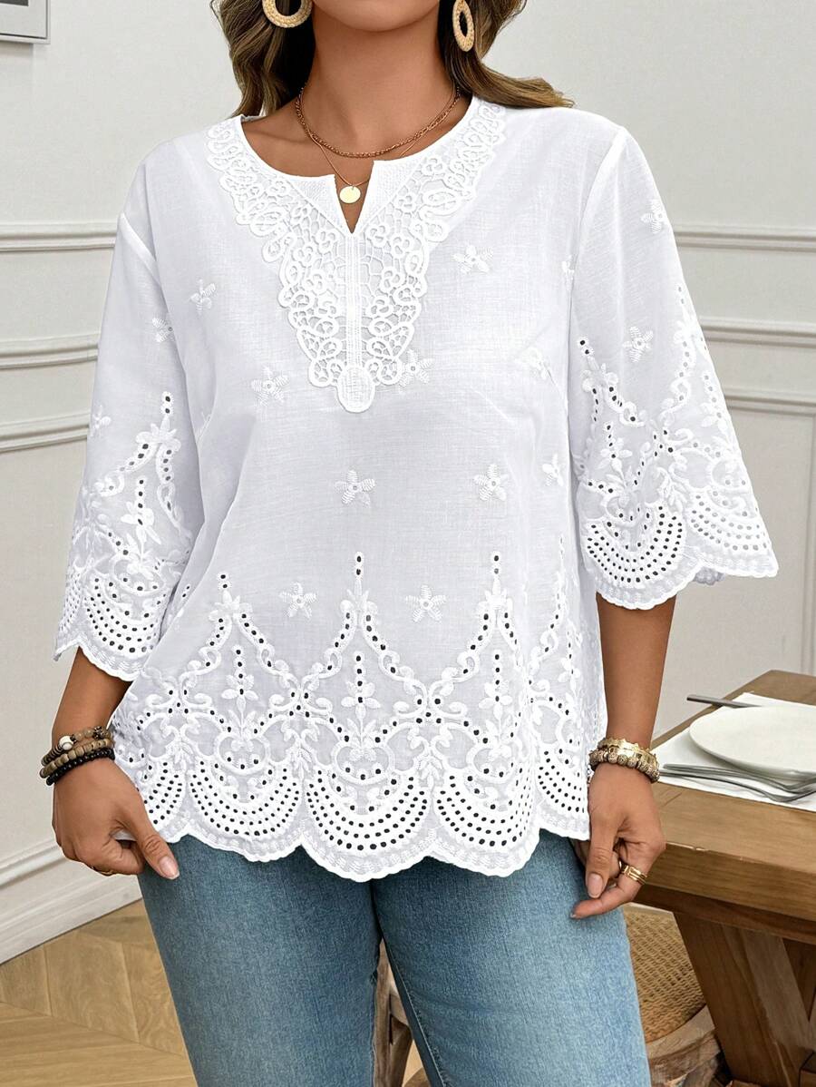 SHEIN LUNE Plus Size Vacation Casual Solid Color Hollow Embroidered Blouse Summer Outfits For Women&Vacation Outfits Woman&Wedding Season Summer Tops  Summer New Design Beach Outfits For Woman - White - View 1