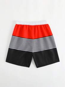Tween Boy Stripe Patchwork Solid Colored Beach Shorts, Woven Fabric With Nylon Drawstring Waist