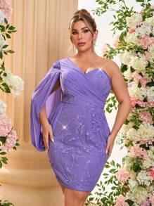 SHEIN Belle Plus Size Elegant Romantic Light Purple Asymmetrical Neck Long Sleeve Flounce Chiffon Sequin Splicing Bodycon Party Dress, Wedding Guest Dress, For Cocktail