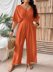 SHEIN Clasi Commute Backless Short Sleeve Jumpsuit - Rust Brown - View 1