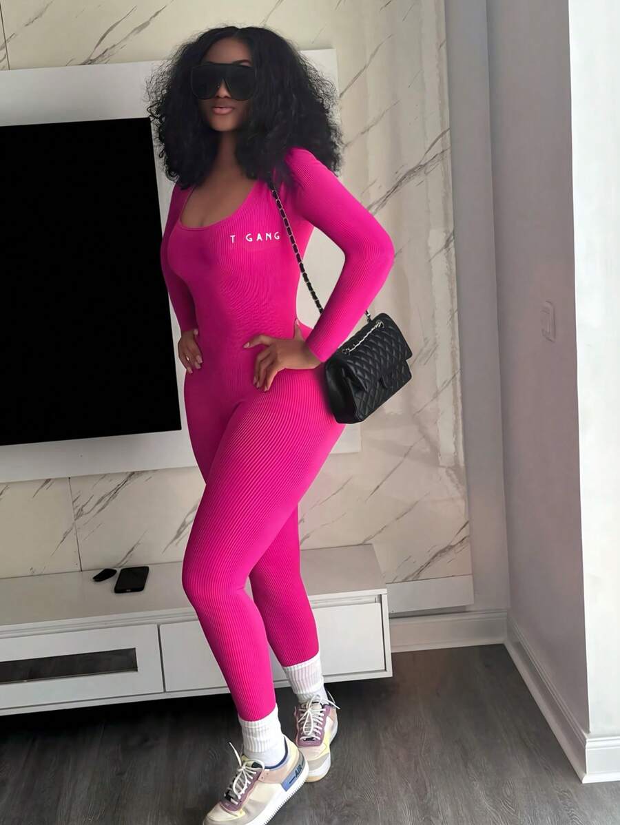 INAWLY 大码长袖字母印花休闲连体裤 - 玫紅色 - 查看 1