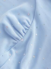 SHEIN MOD 女士水钻装饰褶饰修身挂脖背心 - 淺藍色 - 查看 3