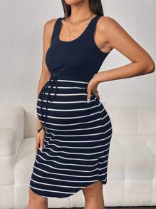 SHEIN Adjustable Waist Striped Maternity Bodycon Casual Skirt - Navy Blue - View 5