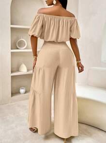 SOLERSUN Summer Beach Vacation Style Puff-Sleeved Ruffled Strapless Crop Top & Wide Leg Pants Set For Summer,Ladies Casual Ruffle Hem,Shirred Short Sleeve Regular Fit Khaki Viscose Puff Sleeve Pants Women Two-Piece Outfits,Spring/Fall,Casual Daily Wear