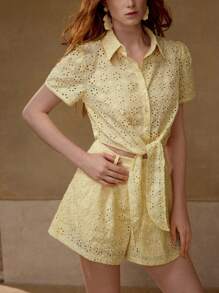 MOTF PREMIUM 孔眼刺绣纽扣上衣 & 斜口袋短裤 - 黃色 - 查看 7