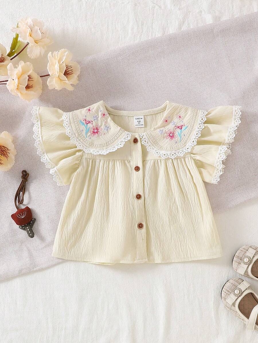 SHEIN Young Girl Floral Embroidery Peter Pan Collar Lace Trim Cap Sleeve Blouse - Apricot - View 1