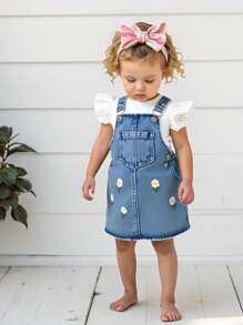 SHEIN 2pcs Baby Girls White Ribbed Top + Blue Jean Embroidered Suspender Dress With Pockets, Suitable For Outdoor