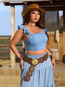 Breezaya Plus Size Women Western Wear Denim Ruffle Trim Casual Top