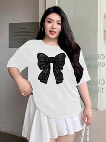 Dazy Plus Plus Size Loose Fit Round Neck 3D Butterfly Print Short Sleeve T-Shirt Summer Cute Top Oversized T-Shirt, Graphic Tee, Teacher - White - View 3