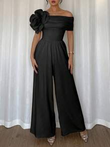 Rafferiza 女士优雅性感 3D 花朵连体裤 - 黑色 - 查看 3